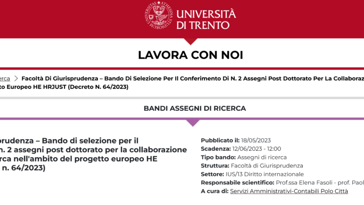 Bando di selezione per il conferimento di n. 2 assegni post dottorato